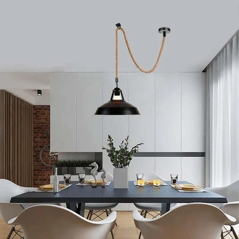 Industrial Hemp Rope Pendant Light E27 Metal Shade~5069-0