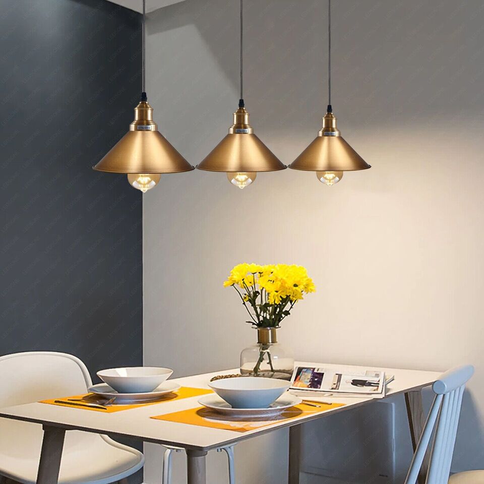 Industrial Vintage single ceiling Pendant Lighting Metal cone Yellow Brass Lampshade E27 UK Holder~3814-0
