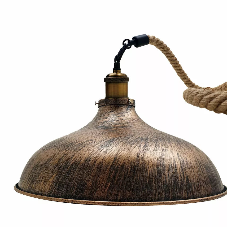 Industrial Pendant Light Metal Dome & Adjustable Hemp Rope Kitchen Dining Bar ~1947-4