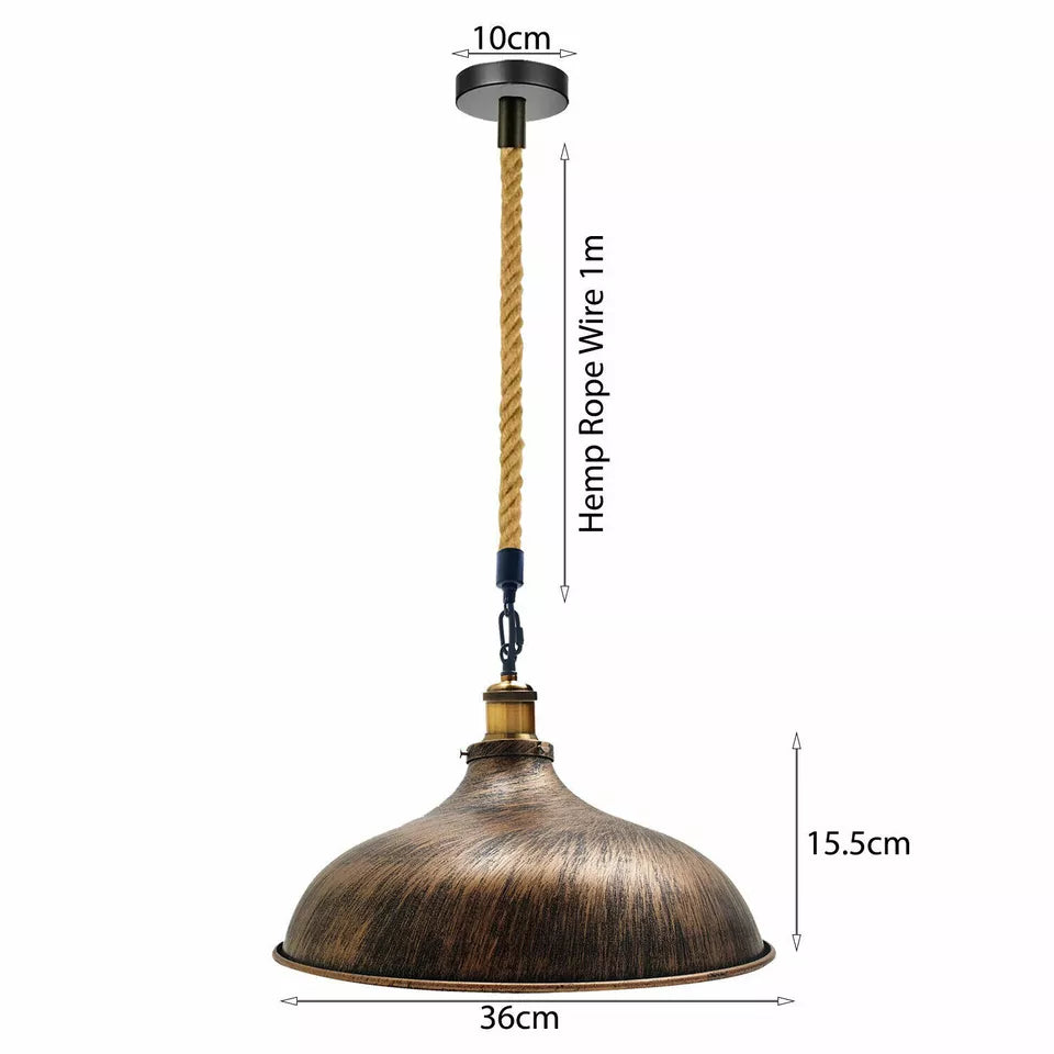 Industrial Pendant Light Metal Dome & Adjustable Hemp Rope Kitchen Dining Bar ~1947-2