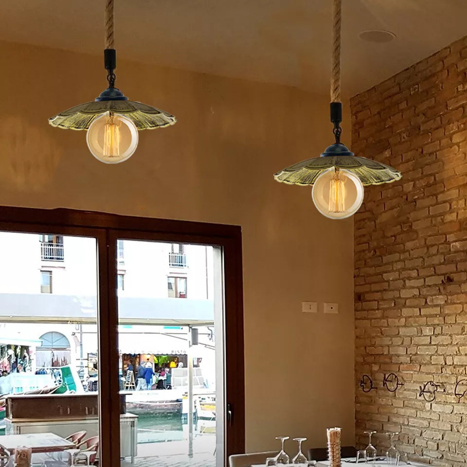 Vintage Industrial Hemp Rope Metal Shade Pendant Lights ~ 5444-3
