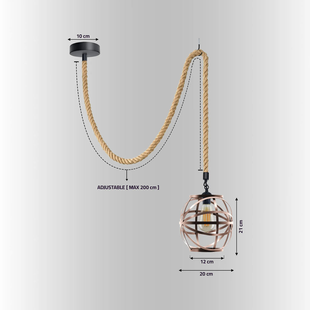 Industrial Hemp Cord Pendant Light Copper Wire Cage Fitting~5087-3