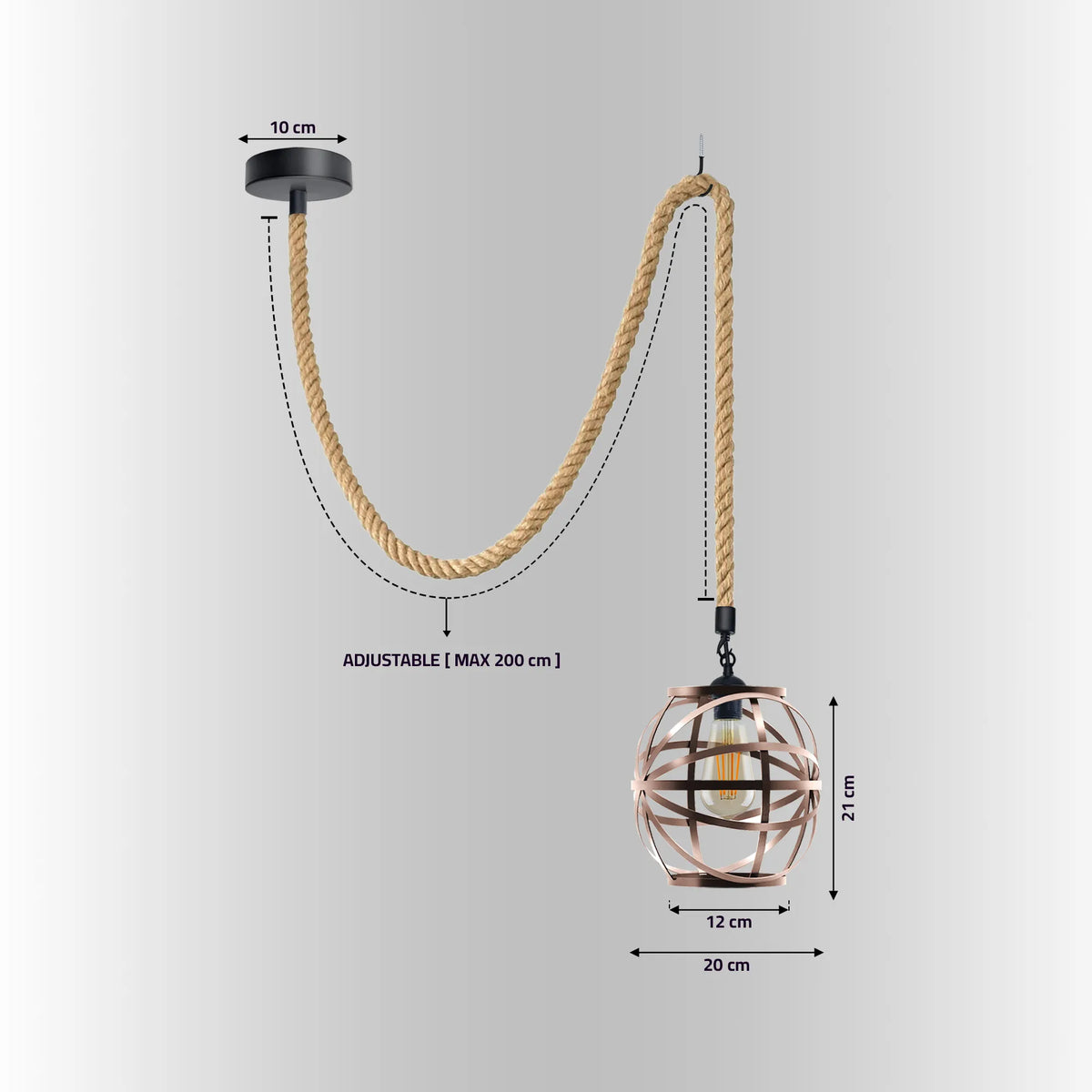 Industrial Hemp Cord Pendant Light Copper Wire Cage Fitting~5087-3