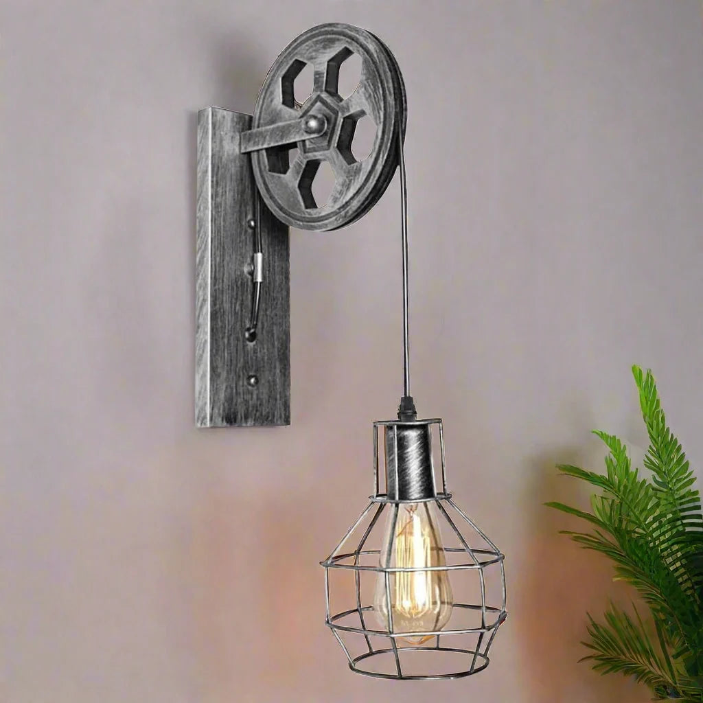 Industrial Wall Light E27 – Adjustable Pulley Vintage Cage Lamp~5300-4
