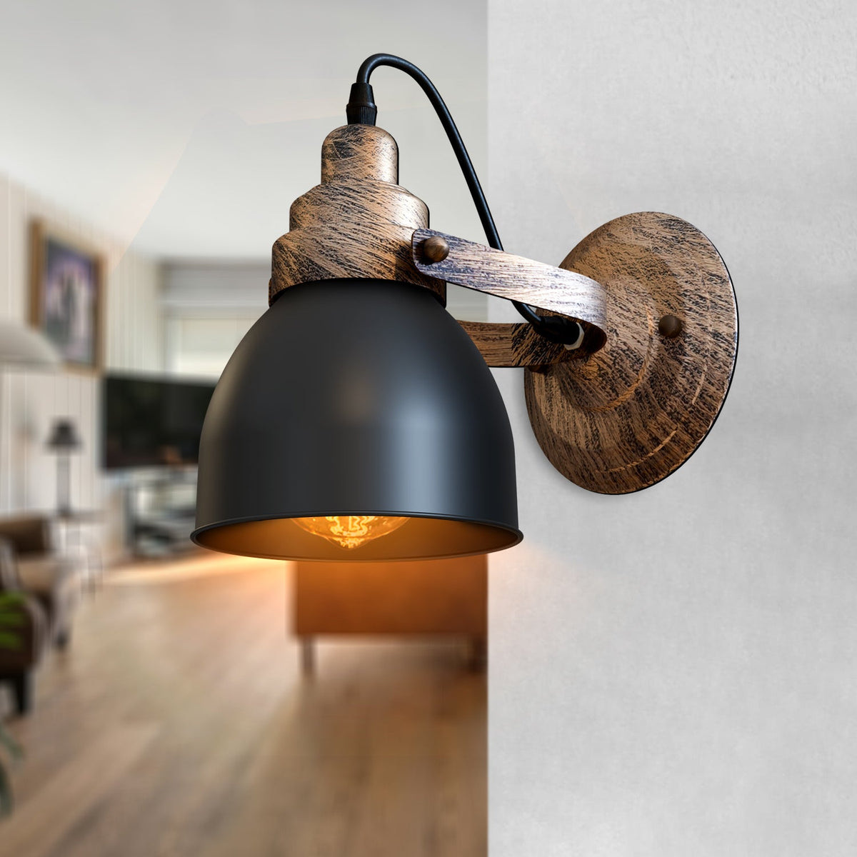 Industrial Wood Effect Bell Wall Light E27 ~5526-3
