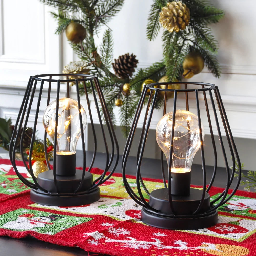 7''Tall  Set of 2 Metal Battery Operated Lamp  (Black)-1