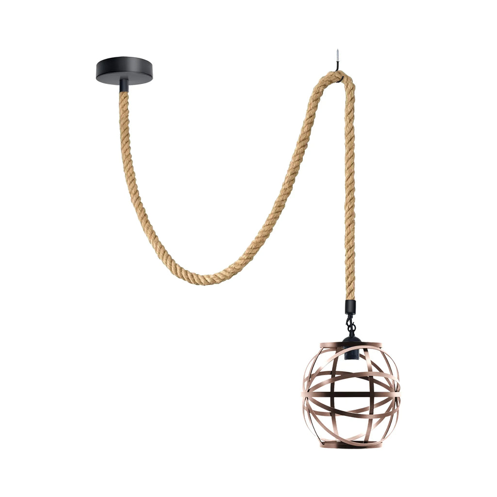 Industrial Hemp Cord Pendant Light Copper Wire Cage Fitting~5087-4