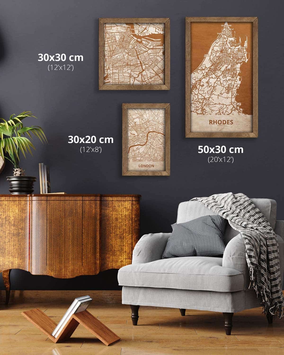 Wooden Street Map of Rhodoes – Urban City Plan, in an oak frame 4